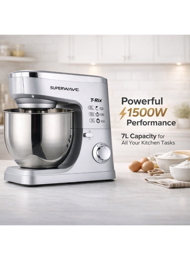 سوبر ويف تي-ريكس عجانة كهربائية 1500 واط، وعاء ستانلس ستيل 7 لتر، 6 سرعات، 3 ملحقات، فضي - Image 3